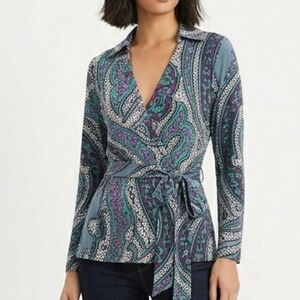Ann Taylor Wrap Top Small Paisley Geometric Retro Long Sleeve V-Neck Purple Teal